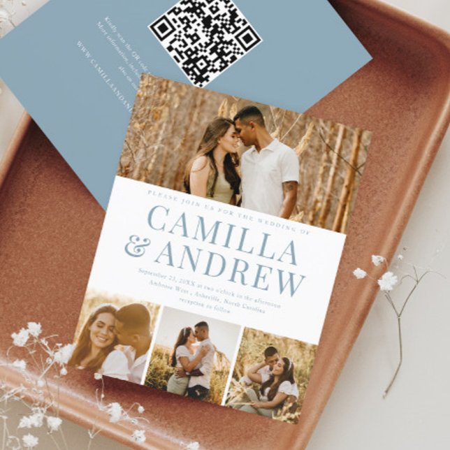 Budget Modern 4-fotoinbjudan till QR-kod för bröll (Budget 4 Photo Collage Dusty Blue Wedding Invitation with QR code RSVP on the back.)