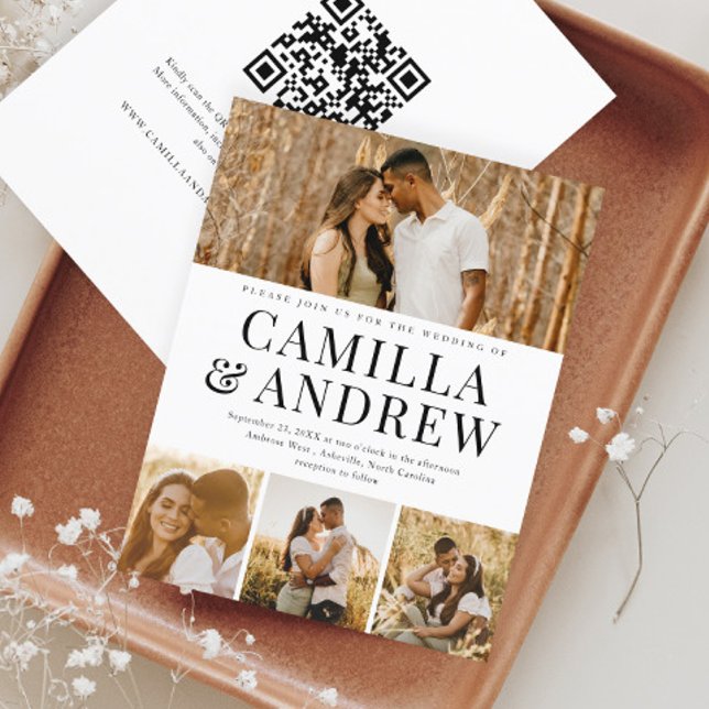 Budget Modern 4-fotoinbjudan till QR-kod för bröll (A modern typography 4 photo wedding invitation with QR Code RSVP on the back.)