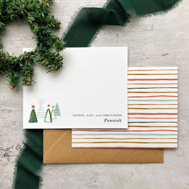 Budget Modern Akvarell Julgran Semester Anteckningskort (Watercolor Christmas trees and striped backer personalized holiday note cards.)