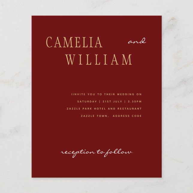 BUDGET Modern Bröllop Burgundy Guld INBJUDAN Flygblad (Framsidan)