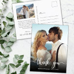 Budget Modern Calligraphy Photo Bröllop Tack Vykort<br><div class="desc">Modern Elegant Hand-vykort för Bröllop-fotofoto-Tack med skript. Den moderna Snyggten bröllop tackar dig för att du har en vykortsmall med ett foto på framsidan av fullt med överläggningstexten "Tack" i ett handskrivet typskriptteckensnitt i vitt färg på bild. Anpassa det anpassade namnet och tack för meddelandet. Om du föredrar att skicka...</div>