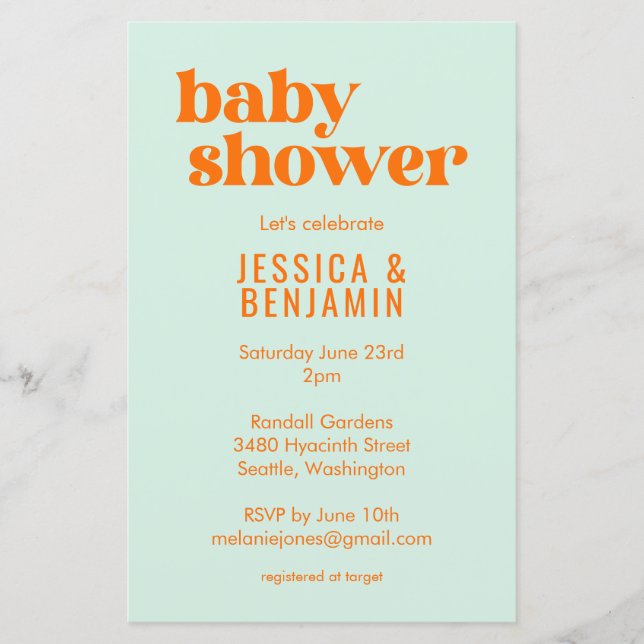 Budget Modern Cute Mint Orange Baby Shower Inbjuda (Framsida)
