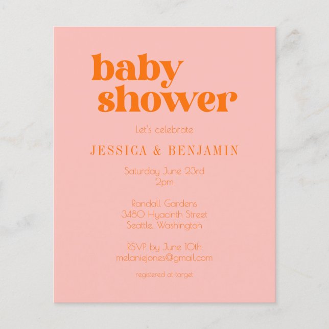 Budget Modern Cute Rosa Orange Baby Shower Inbjuda (Framsida)