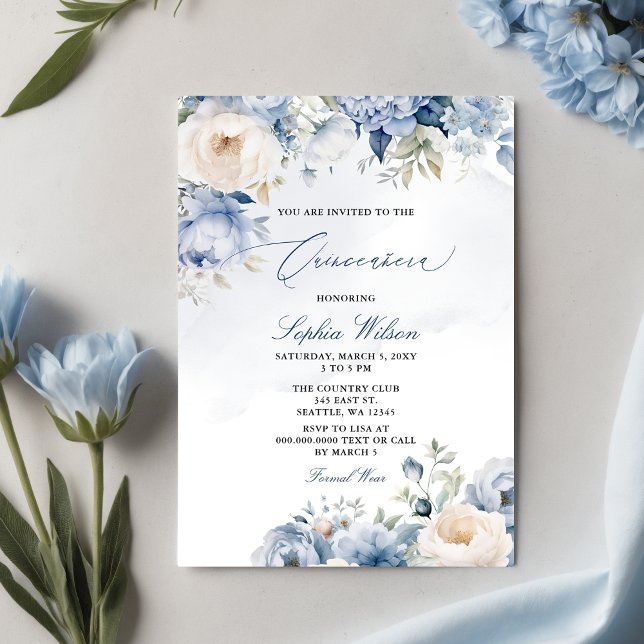 Budget Modern Dammig Blå Blommig Quinceañera  (Elegant Modern Dusty Blue Floral Quinceañera Invitation)