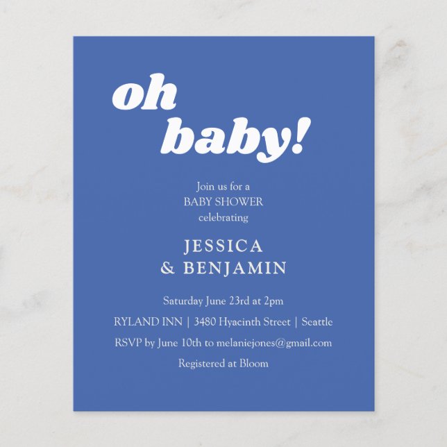 Budget Modern Enkel Blå Oh Baby Shower Inbjudan (Framsida)