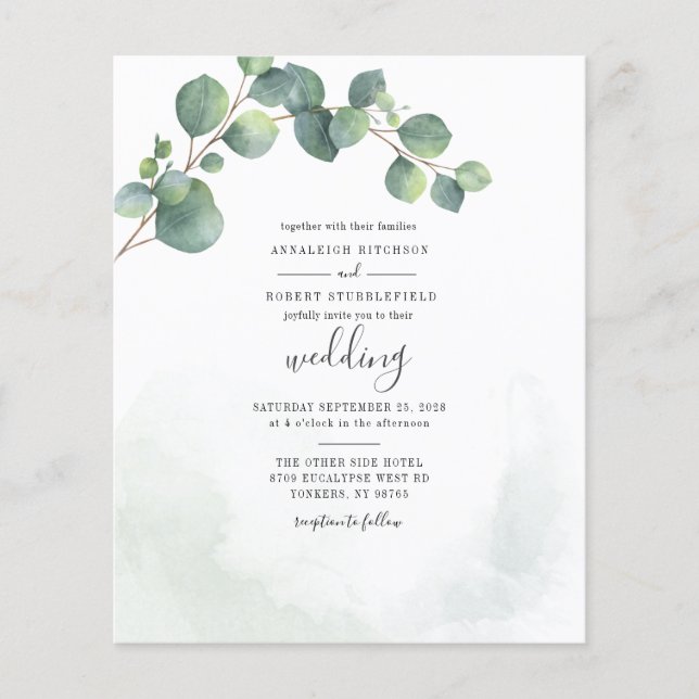 Budget Modern Eukalyptus Grönska Script Bröllop (Framsida)