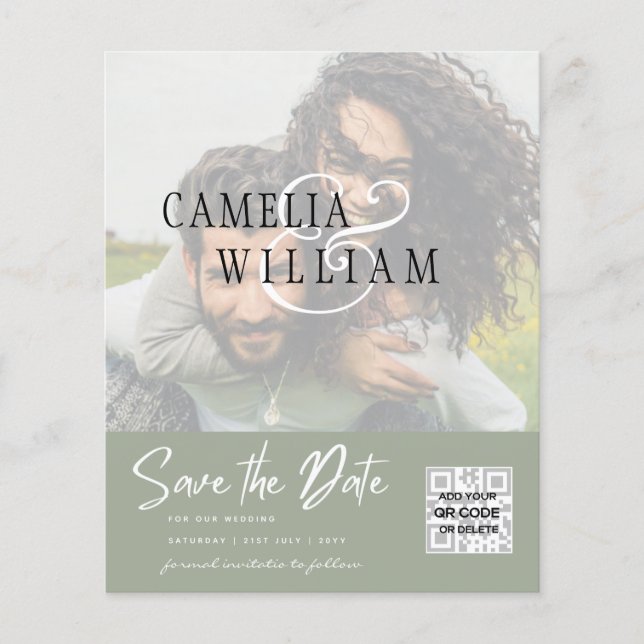 BUDGET Modern FOTO Spara datum QR-KOD RSVP Flygblad (Framsidan)