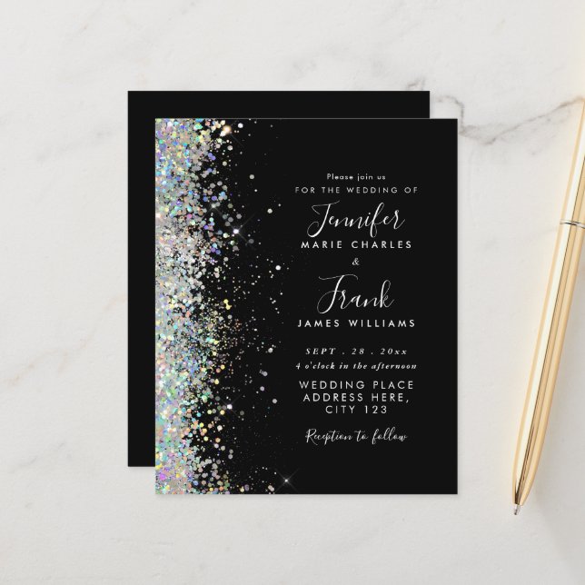 Budget Modern Glitter Black Wedding-inbjudan (Fram/Back In Situ)