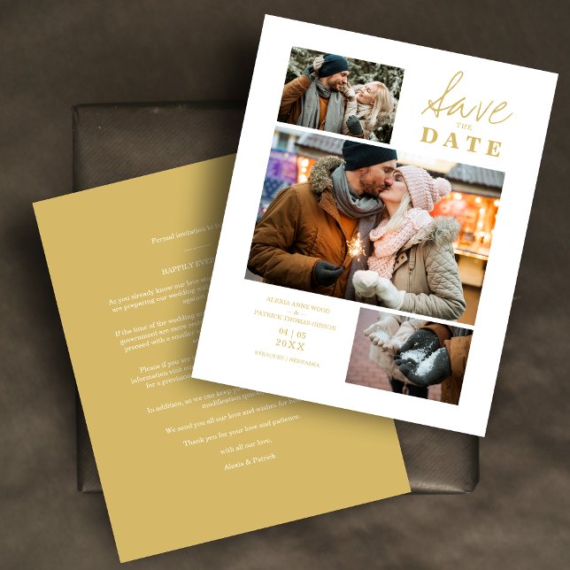 Budget Modern Golden Effect 3 Foton Bröllop (Budget Modern Faux Golden Effect 3 Photos Collage Save the Date Card with Envelope.)