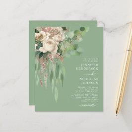 Budget Modern Grön Blommig Roser Bröllopsinbjudan