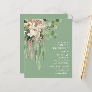 Budget Modern Grön Blommig Rosor Bröllopsinbjudan