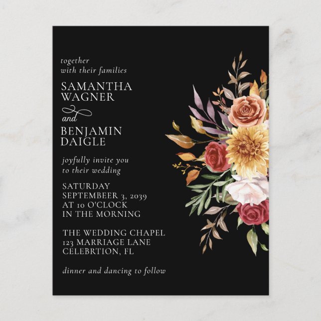 Budget Modern Höst Blommig Svart Bröllop (Framsida)