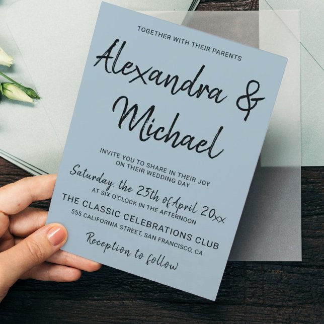 Budget modern inbjudan till dammig, blått bröllop (Skapare uppladdad)