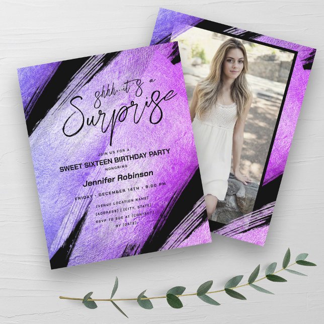 Budget Modern Lila Surprise Sweet 16 Inbjudan (Budget Modern Purple Surprise Sweet 16 Invites )