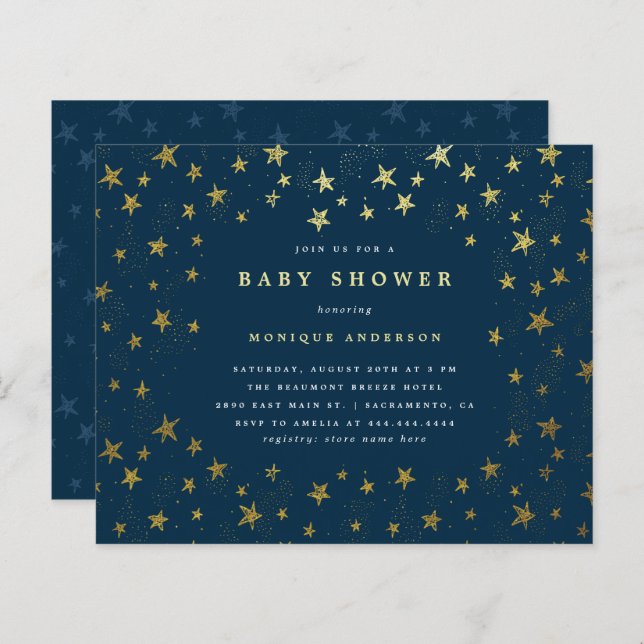 Budget Modern Midnight Blue Guld Stars Baby Shower (Fram/baksida)
