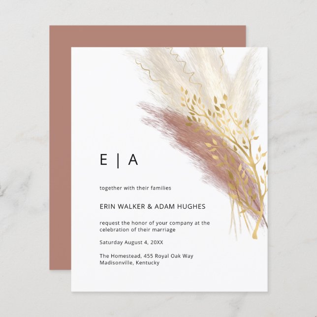 Budget Modern Monogram Boho Rosa Guld Pampas Grass (Fram/baksida)