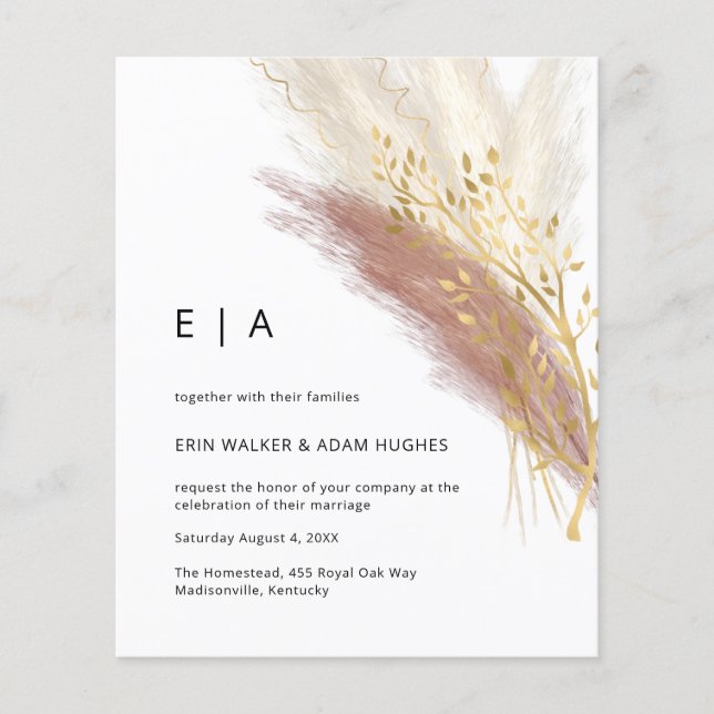 Budget Modern Monogram Boho Rosa Guld Pampas Grass Flygblad (Framsidan)