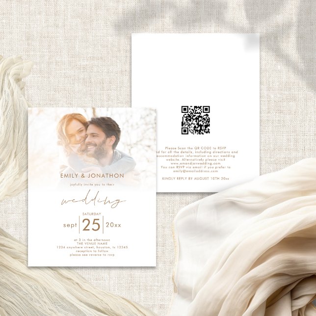 Budget Modern Photo Overlay QR Code Wedding bjudan (Front and back view)