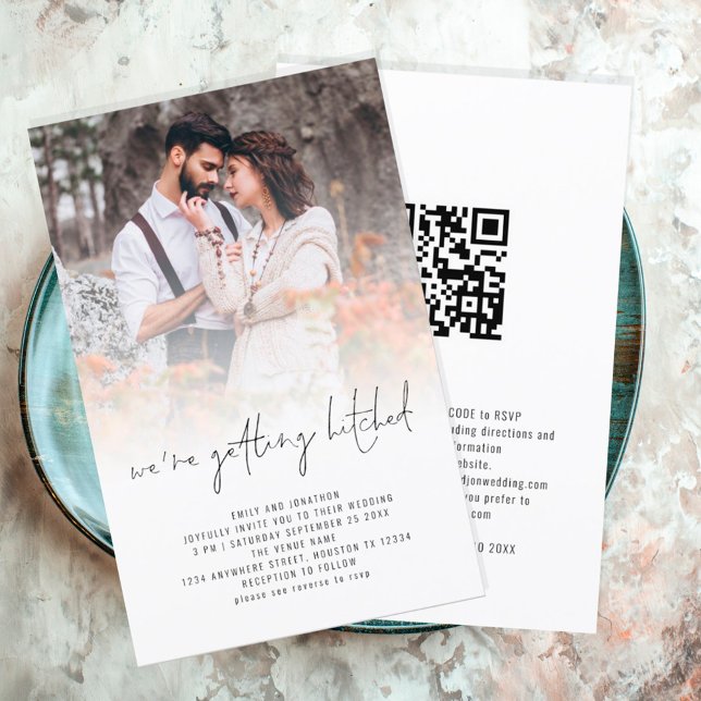 Budget Modern Photo Overlay QR Code Wedding bjudan (Front and back view, budget price larger size alternative)