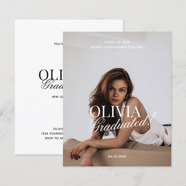 BUDGET Modern Photo Typography Script Grad Party (Fram/baksida)