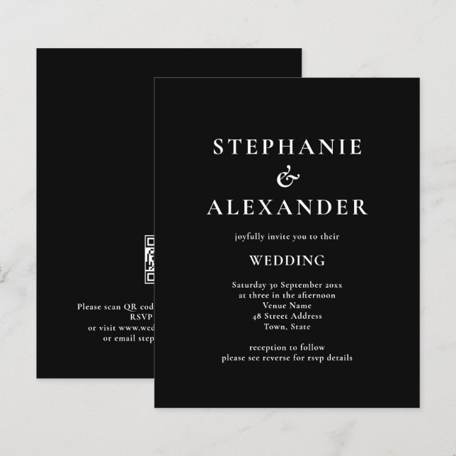 Budget Modern QR Code Black White Wedding bjudande (Fram/baksida)