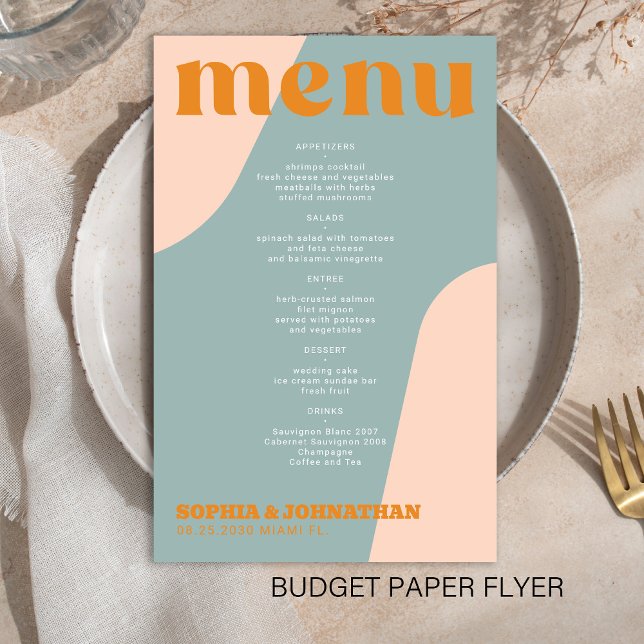 Budget modern retro groovy wedding menu template flygblad (Skapare uppladdad)