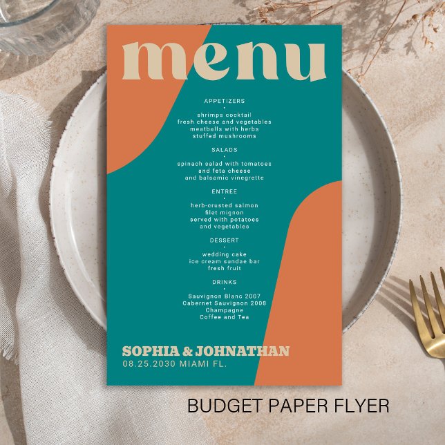 Budget modern retro groovy wedding menu template flygblad (Skapare uppladdad)