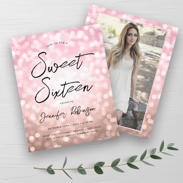 Budget Modern Rosa Guld Foto Söt 16 Inbjudan (Budget Modern Rose Gold Photo Sweet 16 Invite)