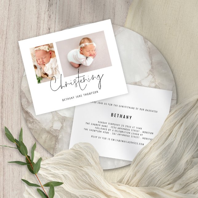 Budget Modern Script 2 Photos Christening Inbjudan (Skapare uppladdad)