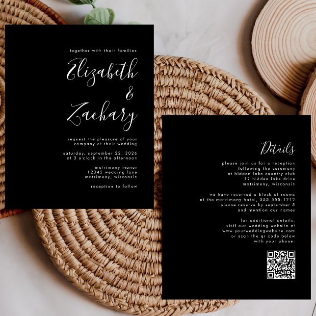 Budget Modern Script Black QR Code Wedding bjudand (Skapare uppladdad)