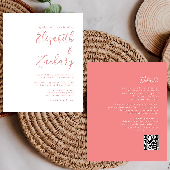 Budget Modern Script Coral QR Code Wedding bjudand (Skapare uppladdad)
