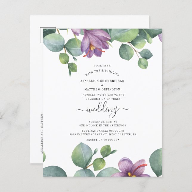 Budget Modern Script Eucalyptus Watercolor Inbjuda (Fram/baksida)