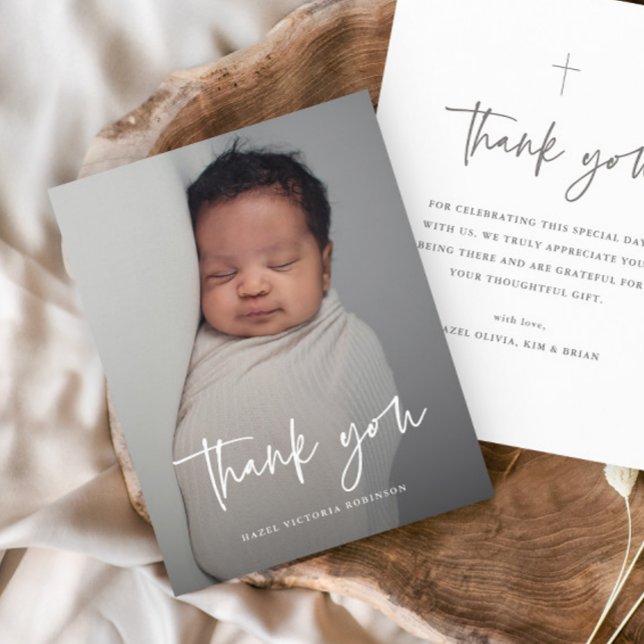 Budget Modern Script Foto Dopning Tack  (Simple modern script baby photo baptism thank you card.)