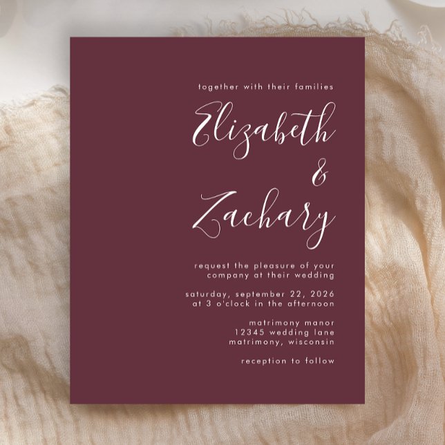 Budget Modern skriptburgundy-bröllopsinbjudan (Skapare uppladdad)