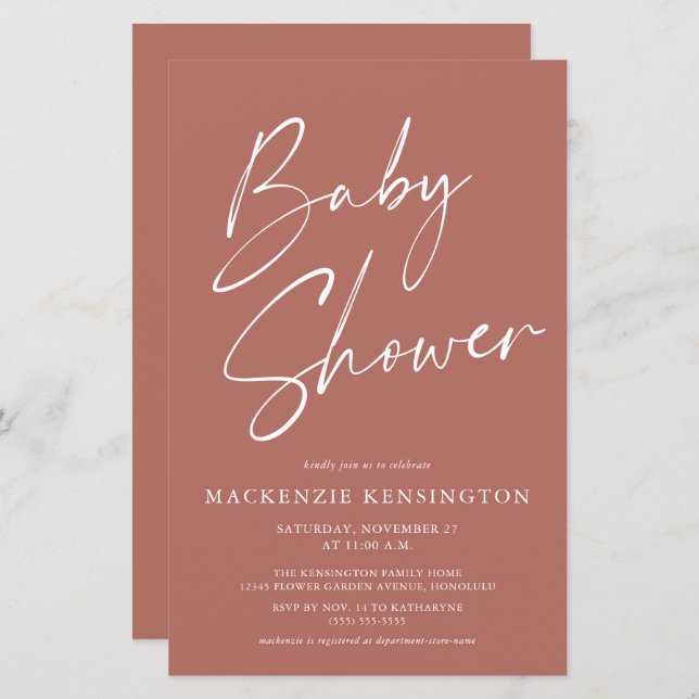 Budget Modern Terracotta Simple Script Baby Shower (Fram/baksida)