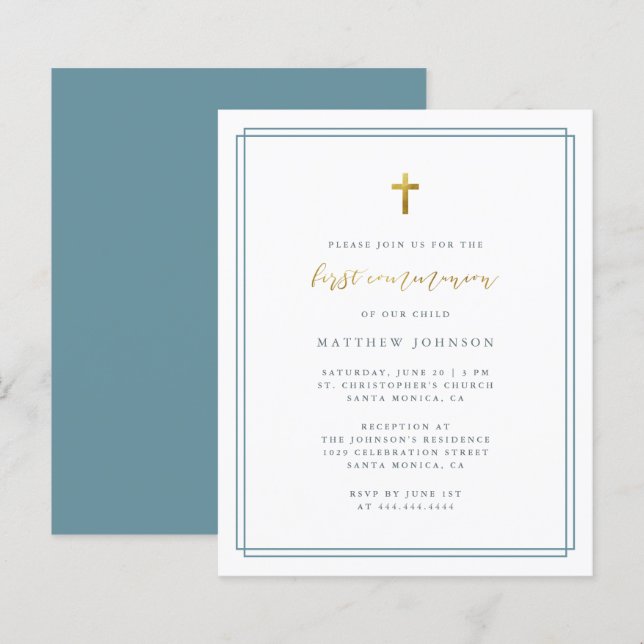 Budget Modern Typography Blue First Communion (Fram/baksida)