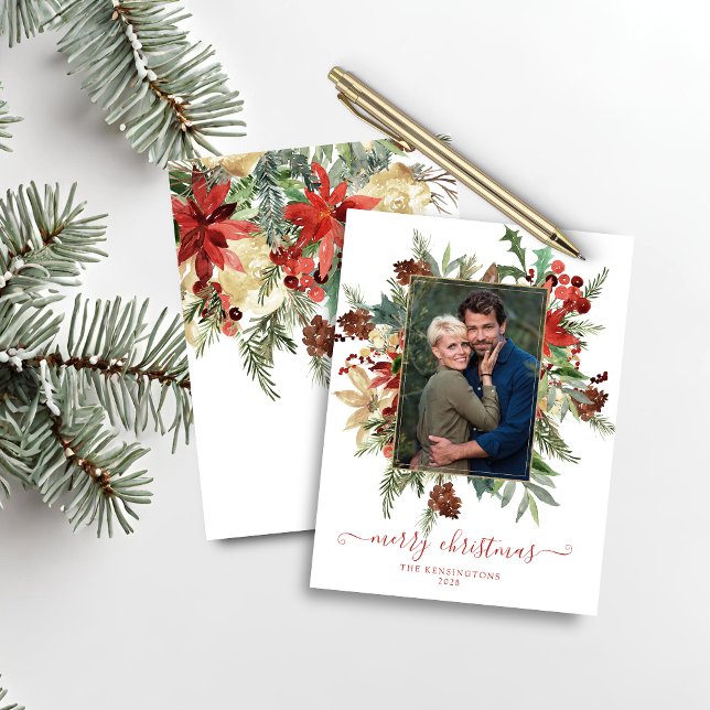 Budget Modern Vinter Blommig Guld Jul Foto (Budget Modern Winter Floral Gold Christmas Photo Holiday Card)