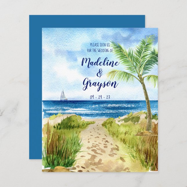 BUDGET Modern Watercolor Beach QR-kodinbjudan (Fram/baksida)