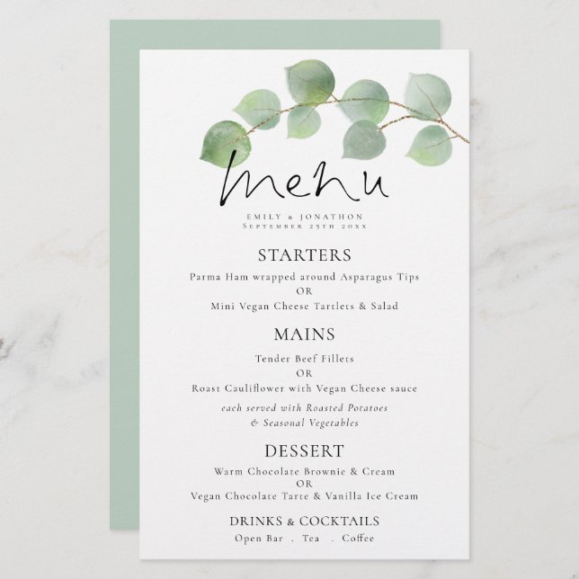Budget Modern Watercolor Eucalyptus Bröllop Menu (Fram/baksida)