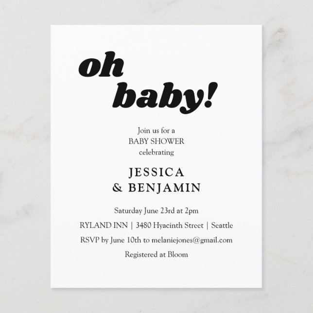 Budget Modern White Papper Cute Baby Shower Inbjud (Framsida)