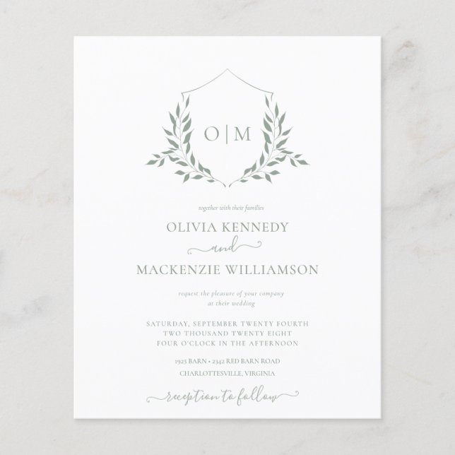 Budget Moderne Sage Lövrik Monogram Bröllop Flygblad (Framsidan)