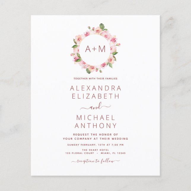Budget Monogram Blommig Dammrosafärgad Rosa Bröllo Flygblad (Framsidan)