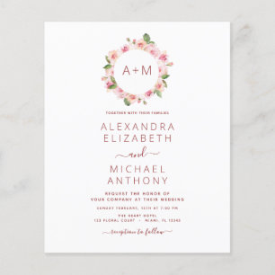 Budget Monogram Blommig Dammrosafärgad Rosa Bröllo Flygblad