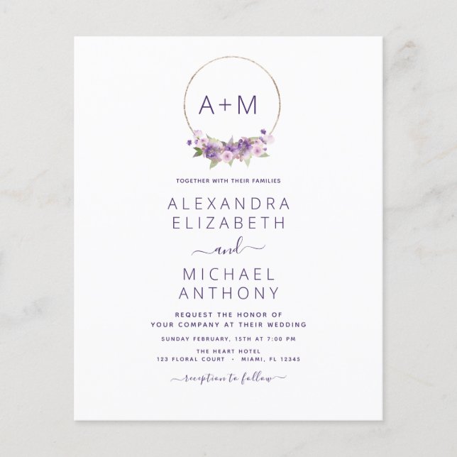 Budget Monogram Blommigt Dusty Lila Bröllop Flygblad (Framsidan)