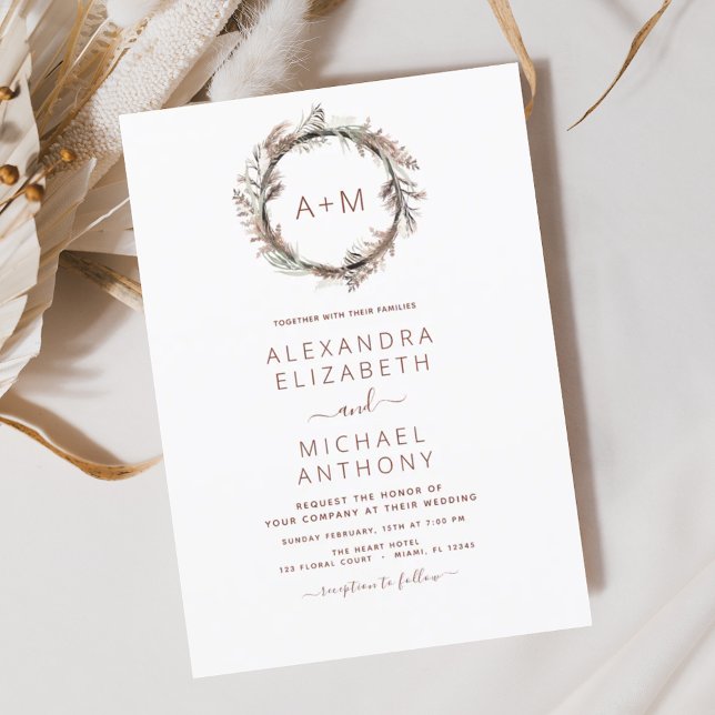 Budget Monogram Boho Pampas Grass Bröllop Flygblad (Skapare uppladdad)