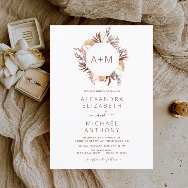 Budget Monogram Boho Pampas Grass Bröllop Flygblad (Skapare uppladdad)