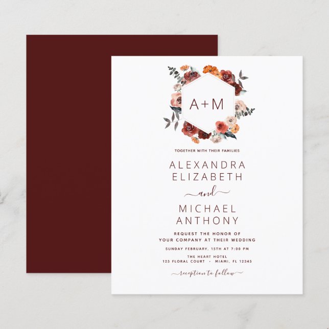 Budget Monogram Burgundy Blommigt Greenery Bröllop (Fram/baksida)