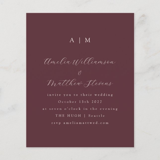 Budget Monogram Burgundy-inbjudan om minimalt bröl (Framsida)