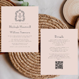 Budget Monogram Crest Blush QR-kod Bröllopsinbjuda