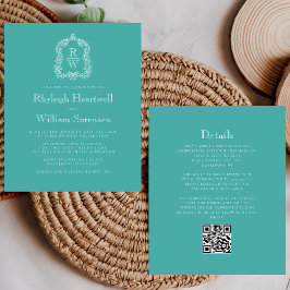 Budget Monogram Crest Turquoise QR-kod Bröllop